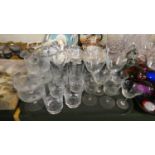 A Tray Containing Various Etched Glassware to Include, Jug, Whiskies, Sundae Dishes, Wines Etc