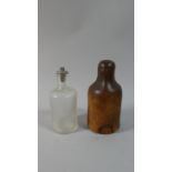 A Leather Cased Cylindrical Glass Flask with Stopper, 14cm high