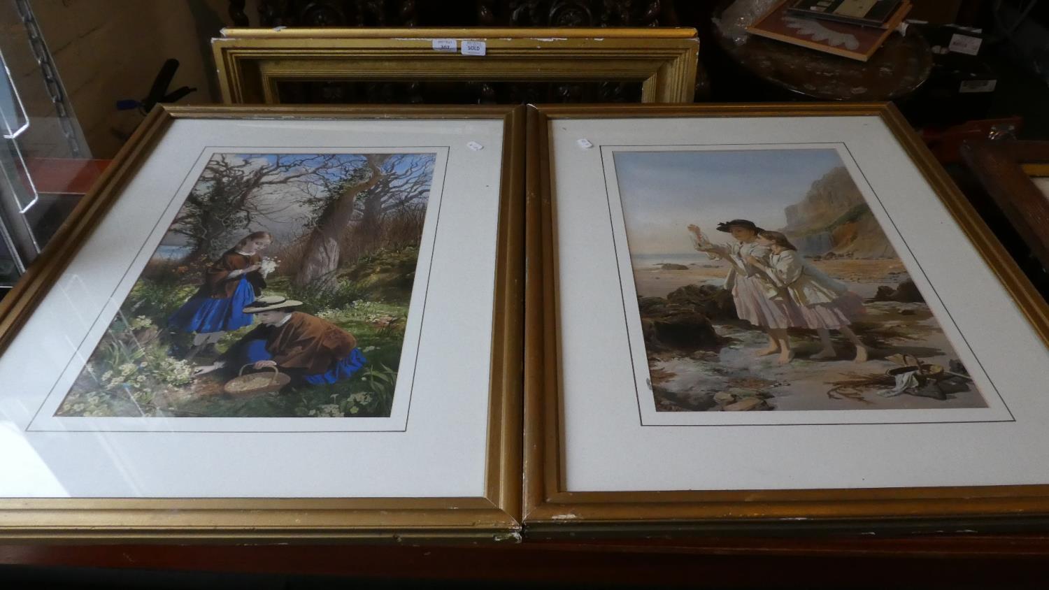 A Pair of Gilt Framed Edwardian Prints, Girls at Rock Pools and Girls Picking Primroses, Each 49cm