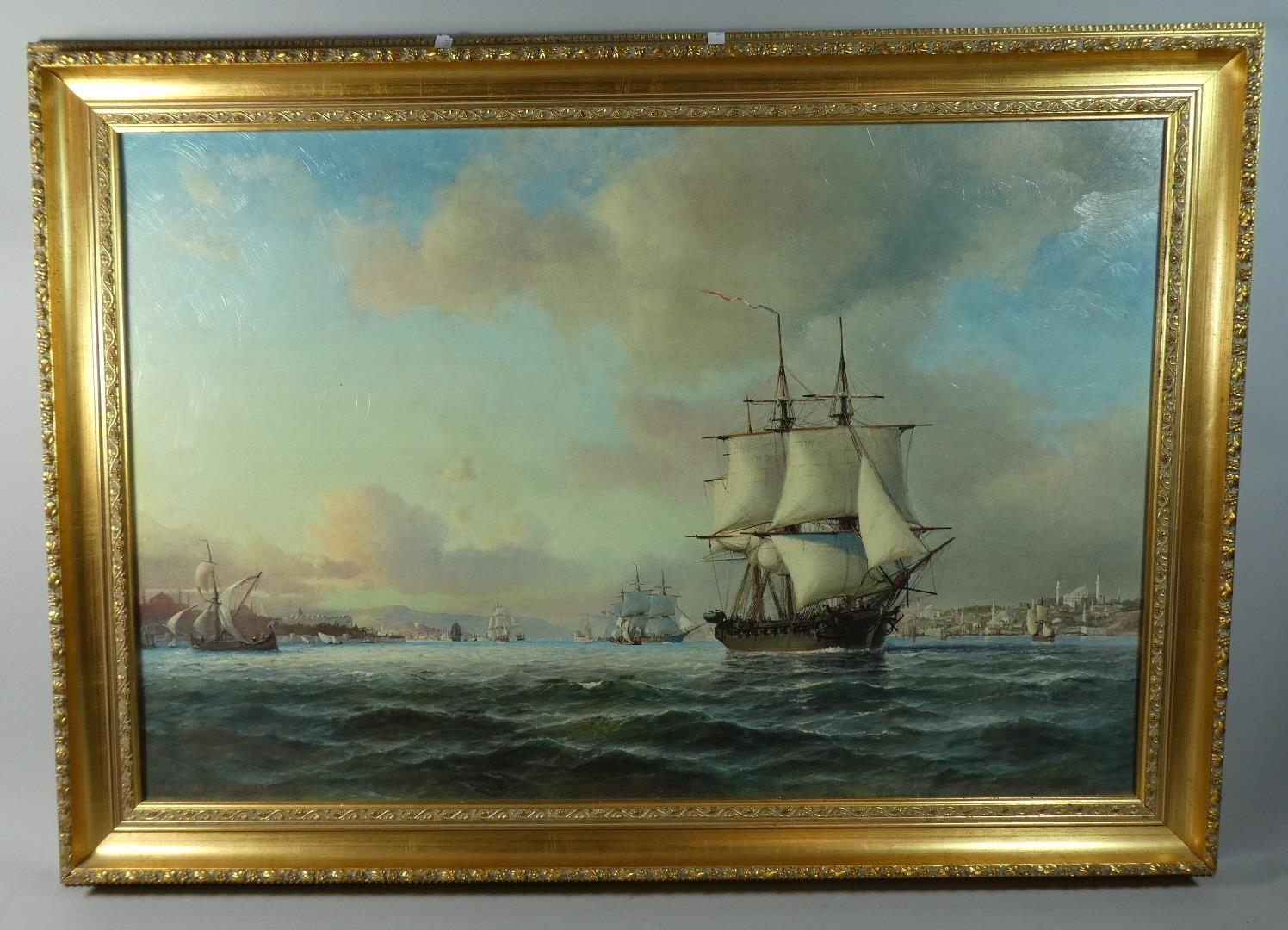 A Large Gilt Framed Print of Tall Ships in Estuary, 90cm Wide