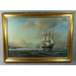 A Large Gilt Framed Print of Tall Ships in Estuary, 90cm Wide