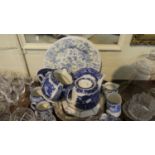 A Tray Containing Various Blue and White China to Include Dinner Plates, Teapot, Jugs etc