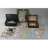 A Framed Collection of English Bank Notes, Wooden Box Containing Foreign Bank Notes, Box Mixed Coins