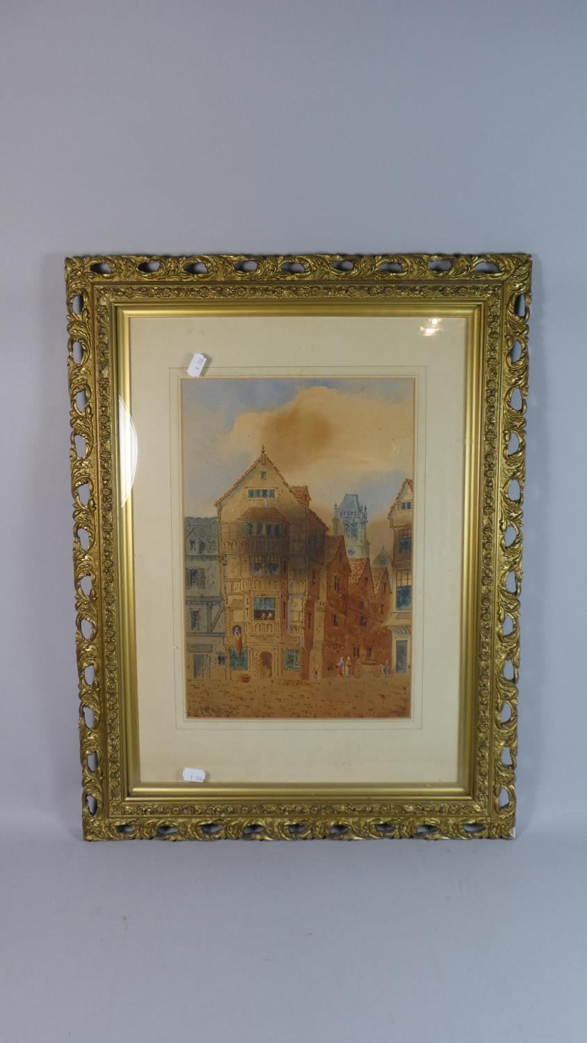 A Pierced Gilt Framed Print Depicting Continental Town Street