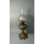 A Victorian Gilt Brass Table Lamp with Duplex Controls, Etched Glass Shade and Glass Chimney