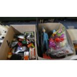 Two Boxes of Various Playworn Diecast Toys, Thunderbird Figures, Lego Duplo Etc