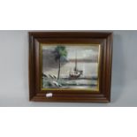 A Small Framed Oil on Canvas Depicting Fishing Boat on Beach, 23cm Wide