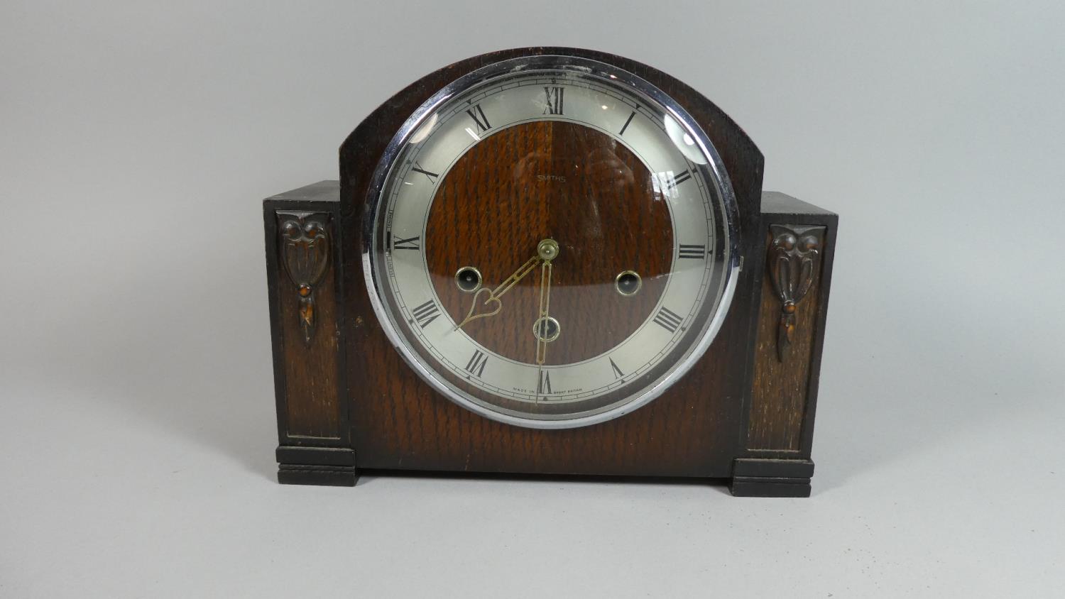 An Edwardian Oak Westminster Chime Mantle Clock with Arched Top, 28cm Wide