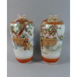 A Pair of Japanese Kutani Vases Decorated with Family Scene, One Restored to Rim, Signed to Base,