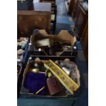 A Two Boxes of Ceramics, Metalwares, Hip Flasks, Vintage Tins etc