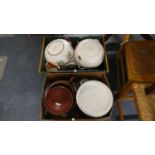 Two Boxes of Kitchen Wares to Include Enamelled Pans, Jam Kettle, Saucepans etc