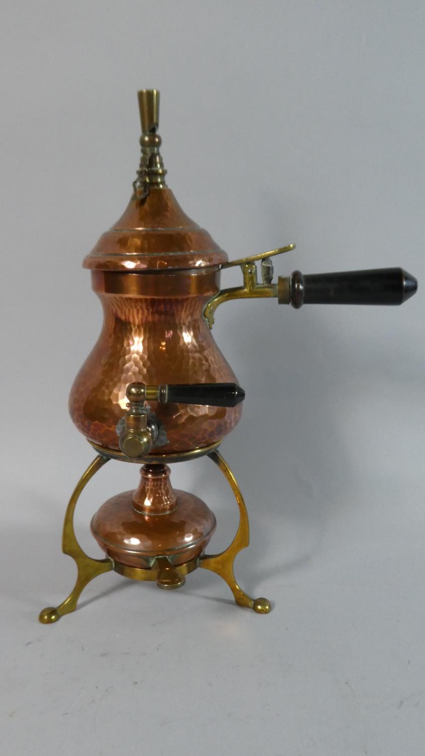 A German Copper Cafetiere Complete with Burner and Whistle Finial, 30.5cm High