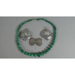 A Pierced White Metal Belt Buckle, Butterfly Belt Buckle and Green Stone Necklace