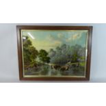 A Framed Oileograph Depicting Cattle in River, 58cm Wide