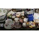 A Tray of Ceramics to Include Coronation Trio, Various Commemorative Mugs, Oriental Miniature Teapot