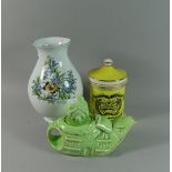 An Old Mother Hubbard Green Glazed Novelty Teapot Together with Portmeirion Dolphin Lidded Pot and