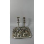 A Silver Plated Rectangular Tray with Stag Handles, Two Silver Plated Wine Bottle Coasters and a