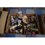 Two Boxes of Sundries to Include Brasswares, Copperwares, Ceramic Ornaments, Printed Ephemera,