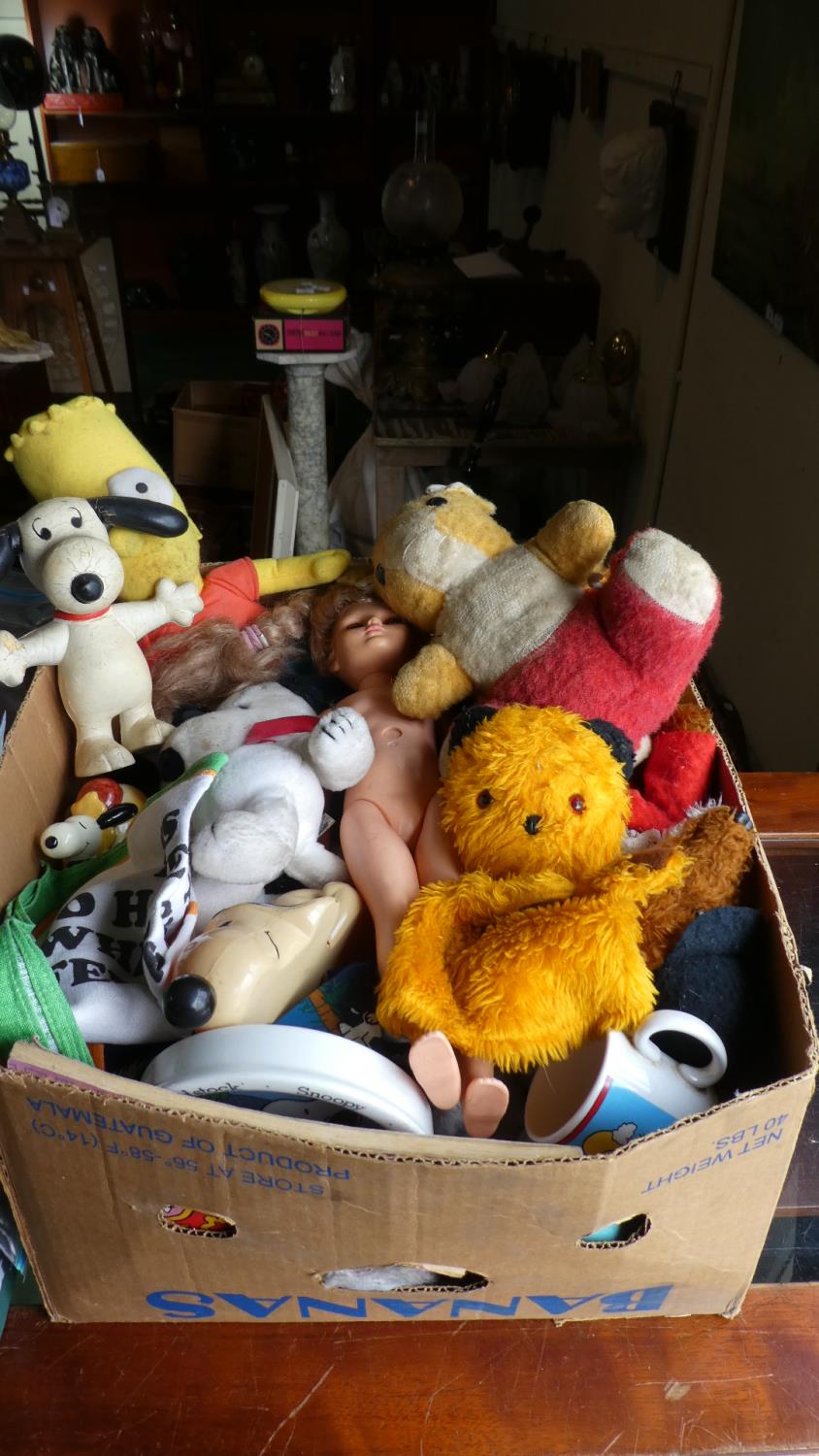 A Box of Soft Toys to include Snoopy, Bart, Sooty, Pooh Etc.