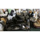 A Tray of Various Animal and Bird Ornaments to Include Elephant Book Ends, Carved Serpentine Stone