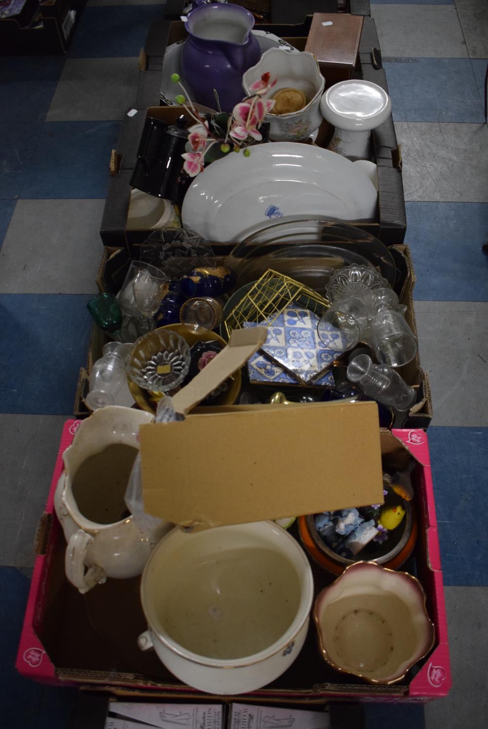 Four Boxes of Ceramics, Glassware, Ornaments, Teapots, Toilet Jugs and Bowls