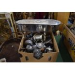 A Stainless Steel Fish Kettle and Box Containing Pewter and Silver Plated Teapots, Jugs etc