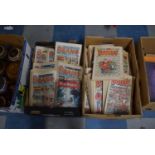 Two Boxes Containing 1980's Beano and Dandy Comics Together with Wide World Magazines