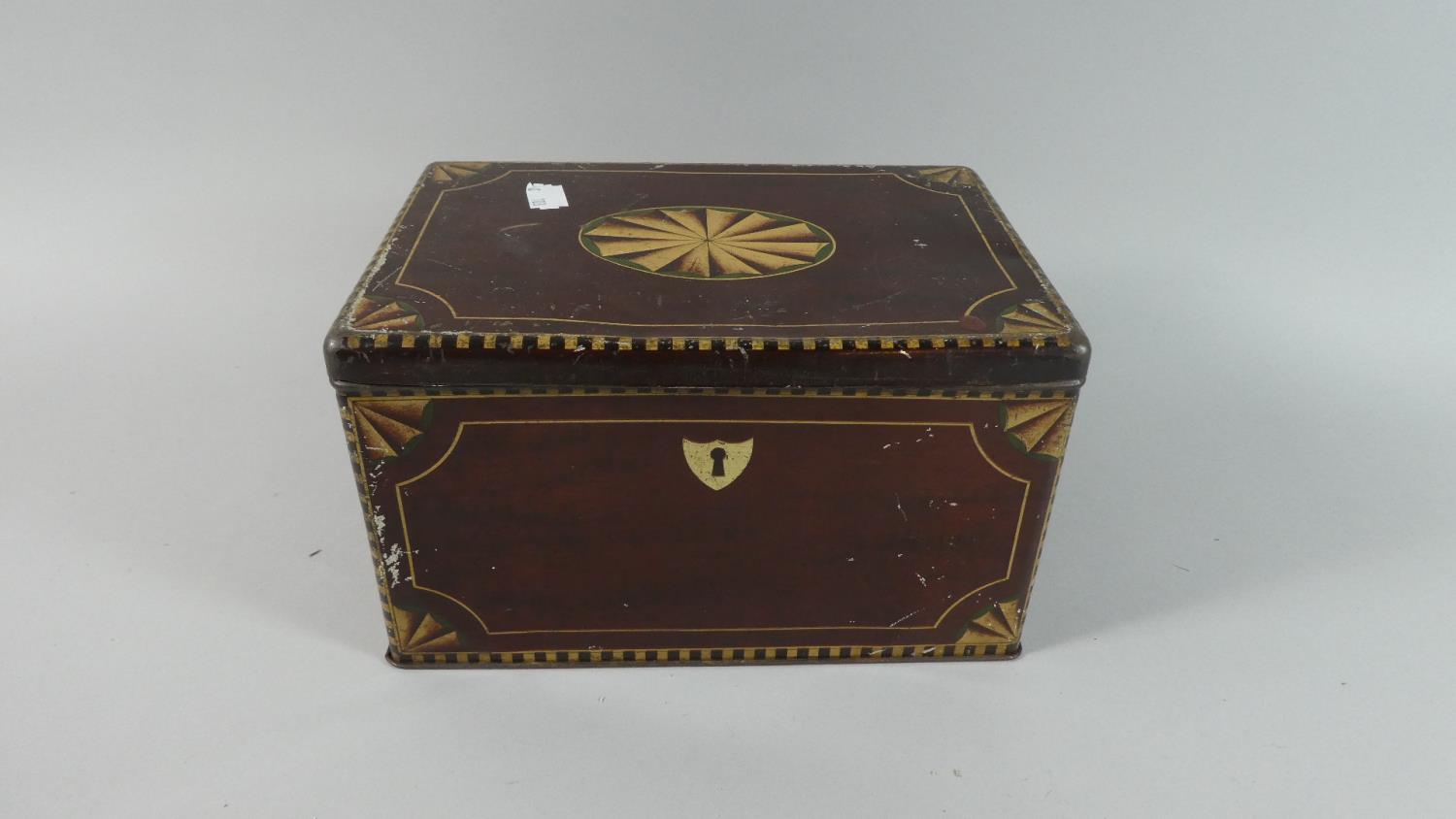 A Vintage Tin in the Form of an Inlaid Tea Caddy, 23cm Wide