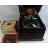A Mahogany Cased His Masters Voice Wind Up Gramophone Complete with Box of 78rpm Records, Tin of
