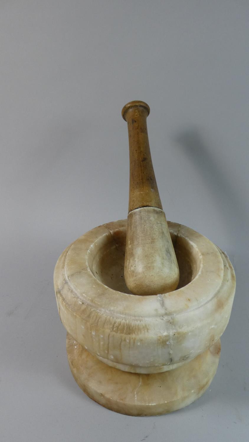 An Early Alabaster Font, 19.5cm Diameter and 14.5cm High Complete with Unrelated Wooden Handled - Image 6 of 6