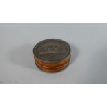 A Circular Metal Mount Wooden Snuff Box, "Emblem, The First Mare to Win the Grand National Steeple