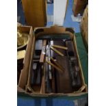 A Box Containing Various Vintage Tools to Include Moulding Planes, Jack Planes, Spirit Level etc