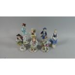 A Collection of Three Pairs of Sitzendorf Figural Ornaments Together with a Capodimonte Figure of