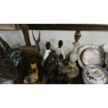 A Tray of Various Novelty Table Lamps Together with a Szeiler Dinosaur, Metal Candle Sticks etc