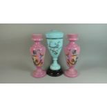 A Pair of Opaque Pink Glass Vases with Floral and Bird Decoration, 36cm High Together with an Opaque