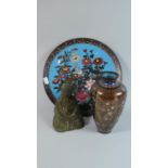 A Cloisonne Charger Decorated with Bird among Foliage Set on Blue Ground, 27.5cm Diameter Together