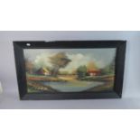 A Framed Oil on Canvas Depicting Houses Beside Pool, 78cm Wide