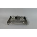 A Silver Plated Galleried Two Bottled Inkstand with Four Ball Feet, 24cm Wide