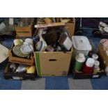 Four Boxes of Various Kitchenwares to Include Pots and Pans, Enamel Bread Bin, Flasks and Tins Etc