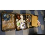 Four Boxes of Sundries to Include Glassware, Ceramics, Eagle Ornaments, Child's Carpentry Set,