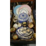 A Box of Ceramics to Include Jasperware Cheese Dish and Cover (AF), Various Character Jugs, Blue and