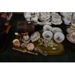 A Tray of Sundries to Include Miniature Ceramic Jugs and Dishes, Dome Topped Box, Glass Knife