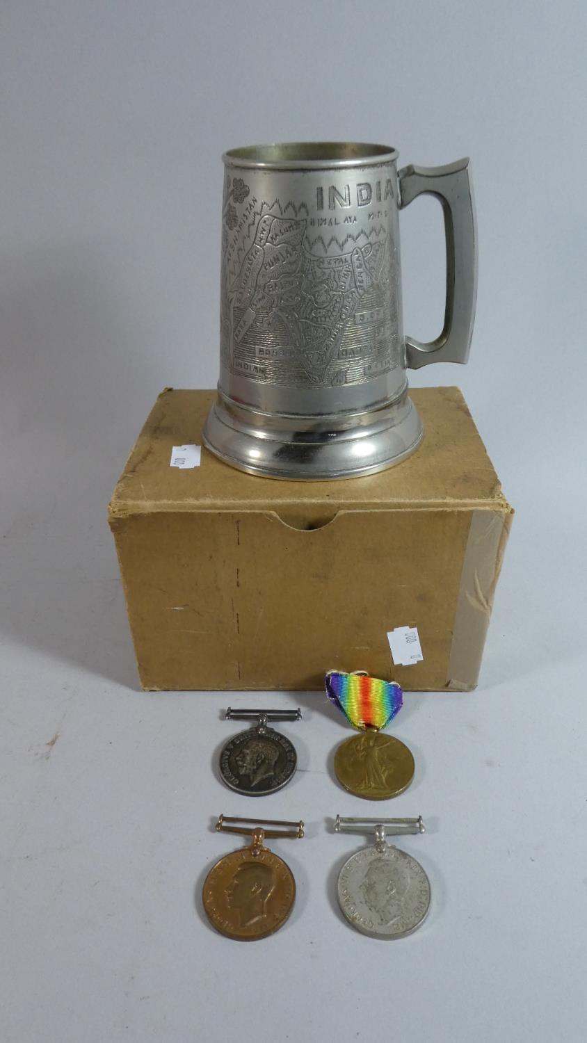 A WWII Indian Campaign Trench Art Pewter Tankard Together with Pair of WWI and WWII Medals Awarded - Image 2 of 3
