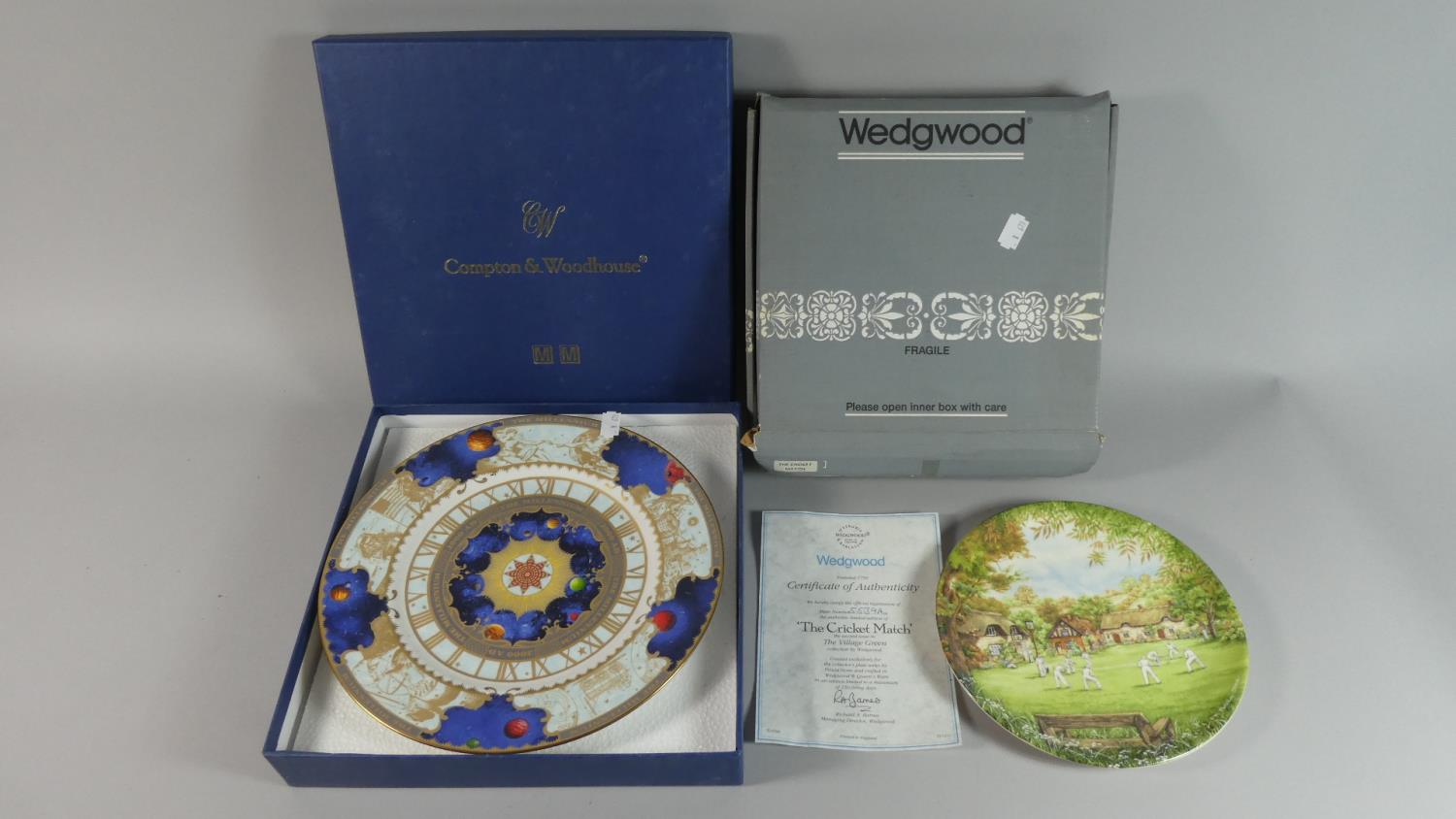 A Boxed Royal Worcester Millenium Plate and Wedgwood Cricket Match Plate