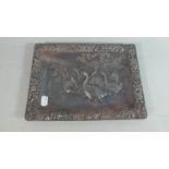 An Oriental Copper Patinated Tray, Decorated in Relief with Geese and Chrysanthemum Border, 27cm x