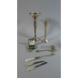 A Collection of Various Silver and Silver Plate Items to Include Vases, Enamelled and Silver Badges,