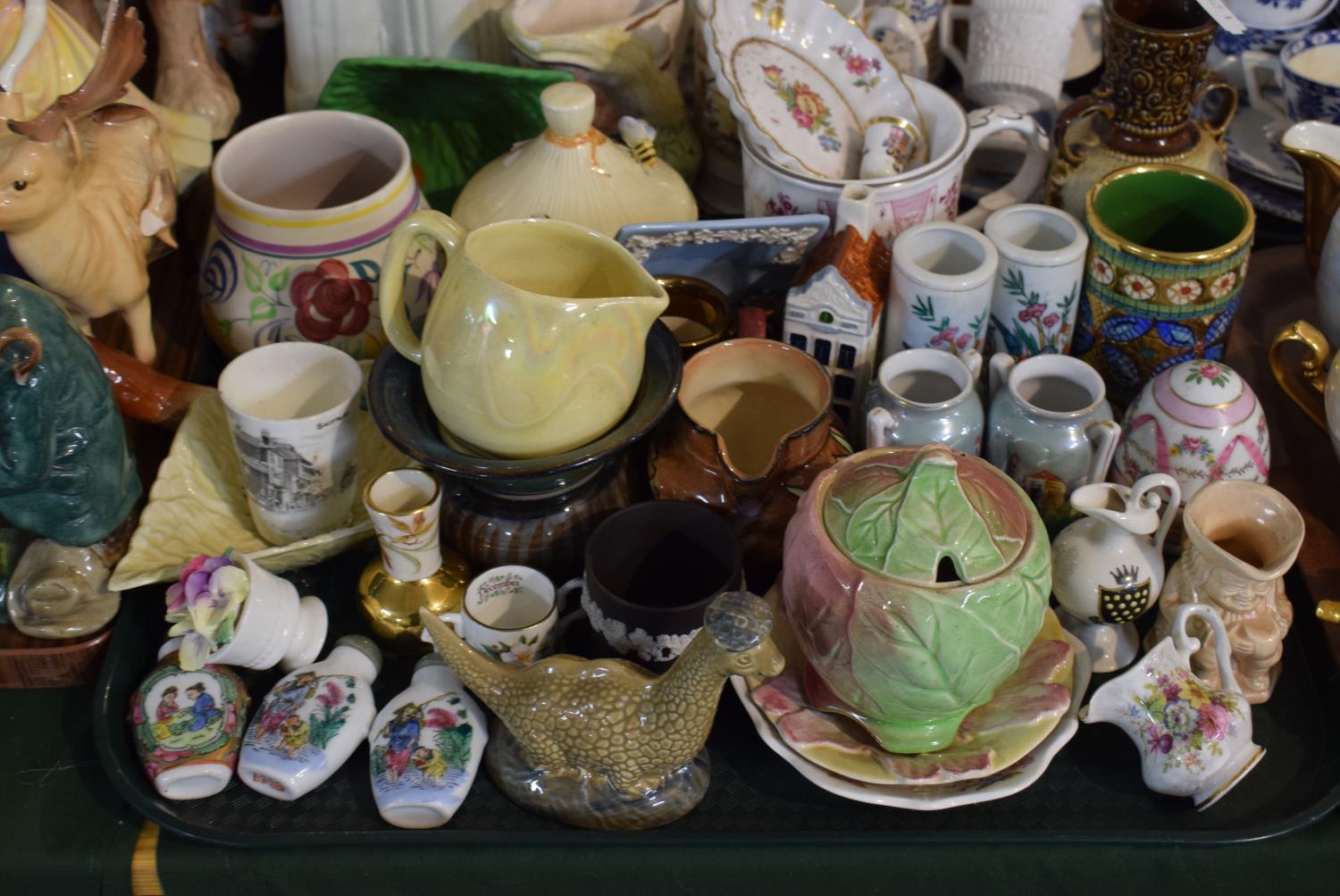 A Tray of Mixed Ceramics to Include Chinese Snuff Bottles, Miniature Vases and Jugs, Crested Ware,