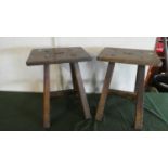 A Pair of Edwardian Elm Topped Four Legged Stools, Each 38cm Wide