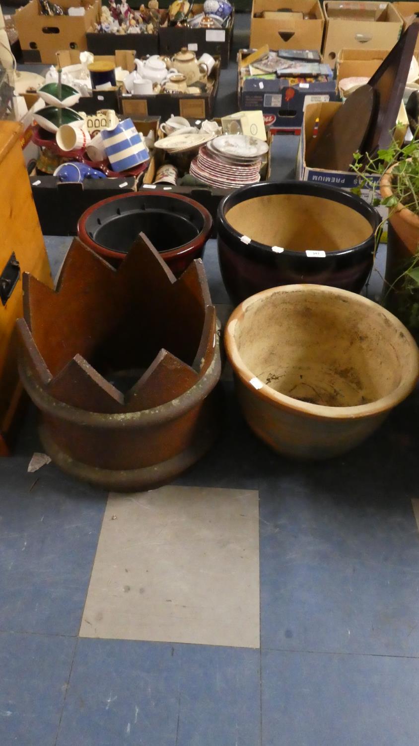 Three Glazed Ceramic Patio Planters and a Treacle Glazed Castellated Chimney Pot Top