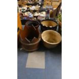 Three Glazed Ceramic Patio Planters and a Treacle Glazed Castellated Chimney Pot Top